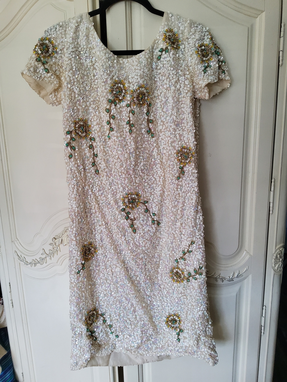 Embellished 1960s Silk Ivory Sequin Shift Dress with Floral Beading